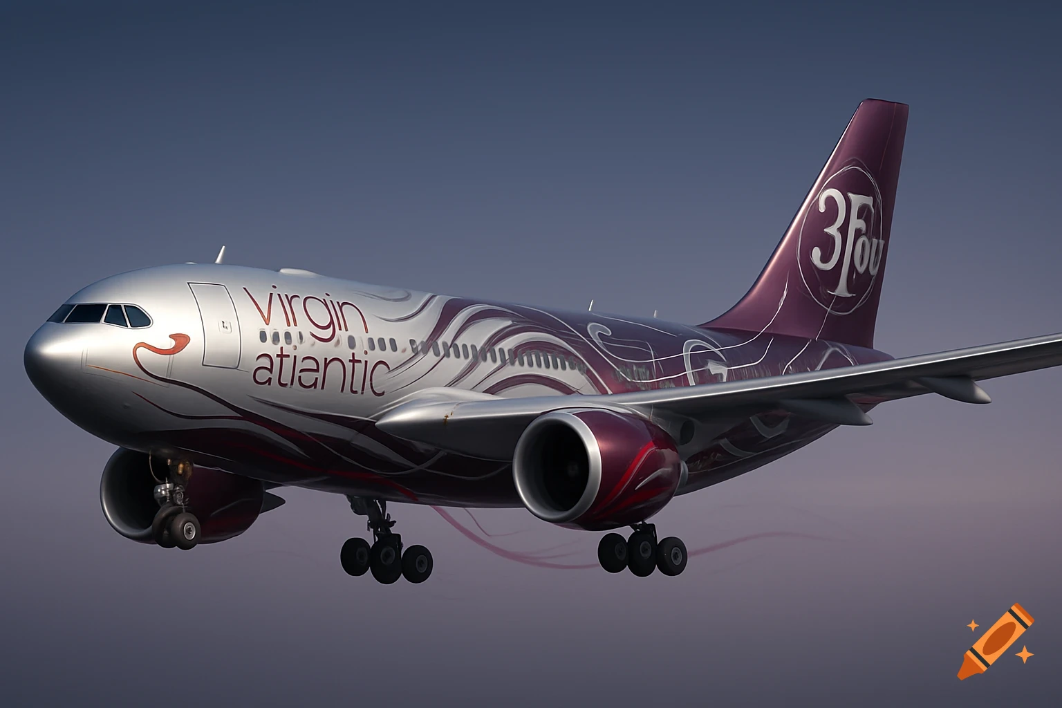 A photorealistic Airbus A330 aircraft in a custom silver and purple livery with "Virgin atlantic" and "3Four" branding, flying against a blue sky.