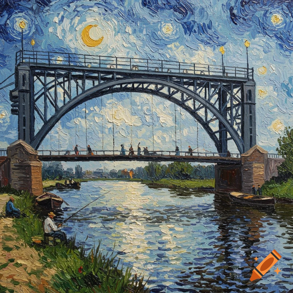 Van Gogh style painting of a large metal truss bridge spanning a river, with people walking and fishing under a swirling starry sky.