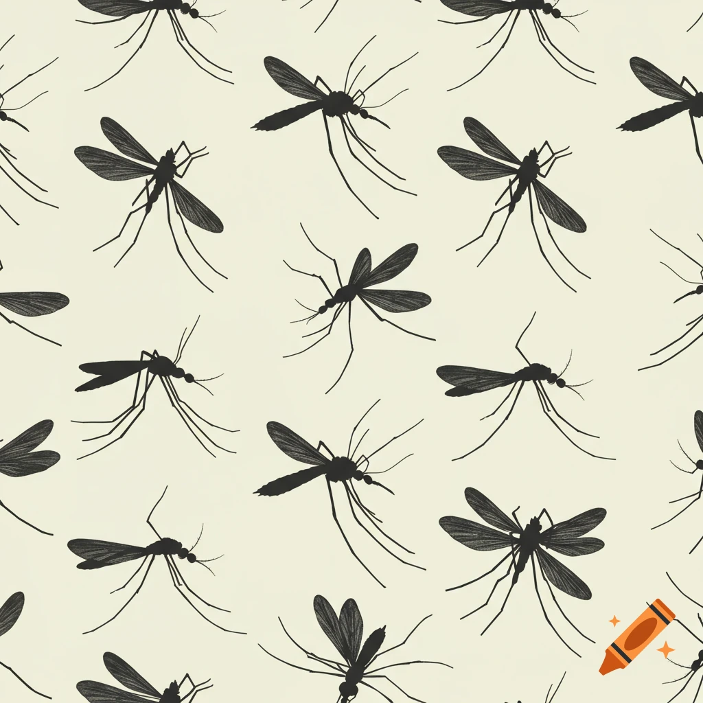 A minimalist seamless repeating pattern of dark mosquito silhouettes on a light background.