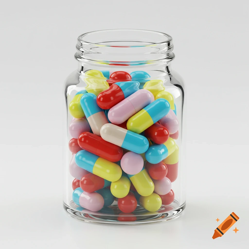 A clear glass jar filled with various colorful capsules and pills, rendered in a photorealistic style on a white background.