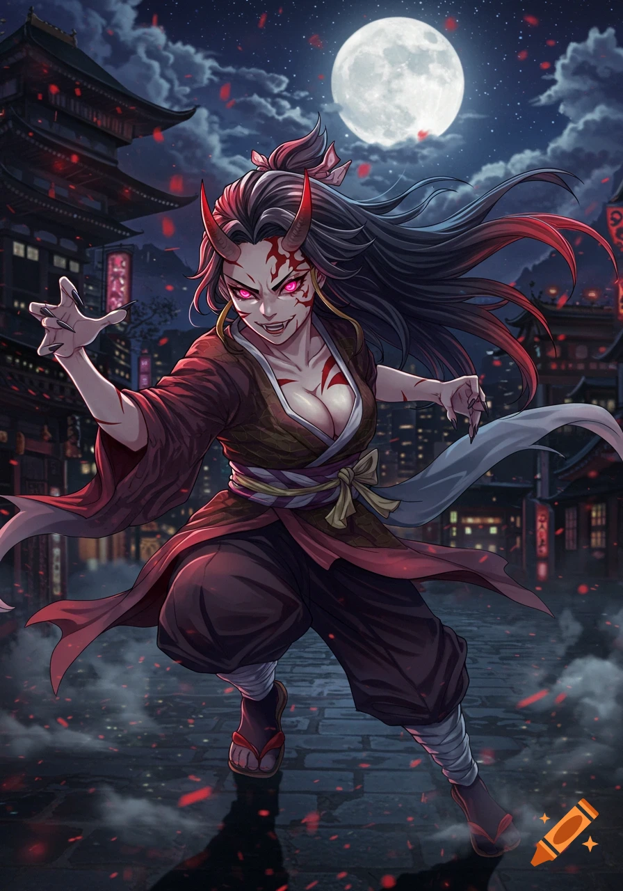 A fierce demon-like woman with red horns, glowing pink eyes, and fangs, in a kimono, lunges forward in a nighttime Japanese city under a full moon.