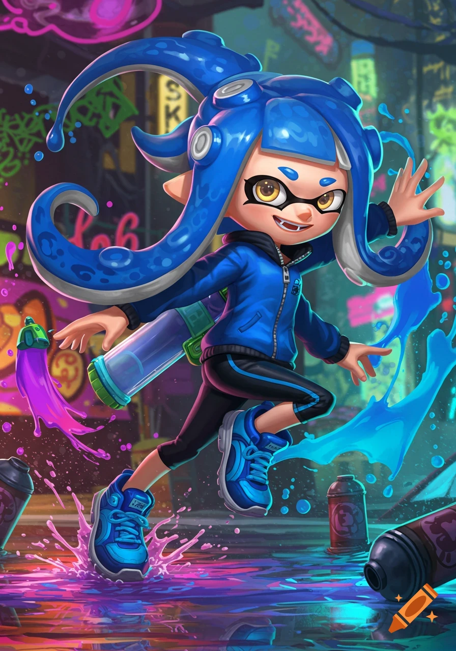 A blue-tentacled Inkling girl from Splatoon in a blue jacket and sneakers, splashing through colorful ink in an urban setting with graffiti.