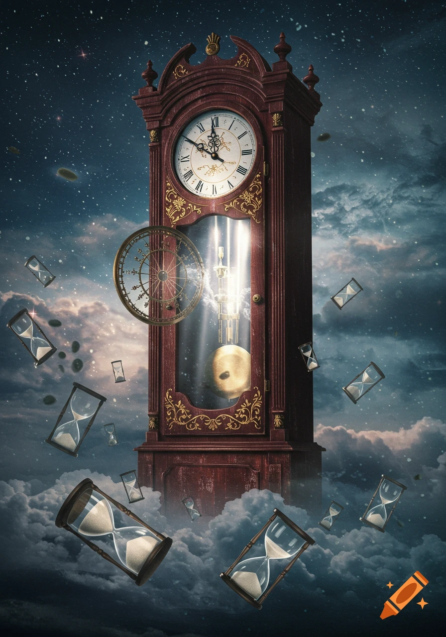 A surreal image of a towering grandfather clock floating on clouds, surrounded by tumbling hourglasses, under a starry sky.