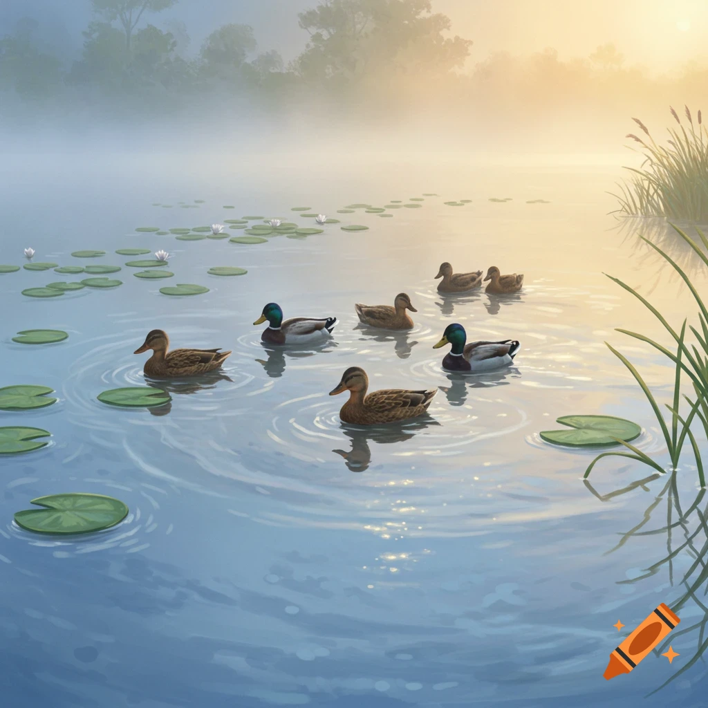 A group of ducks swims on a misty lake with lily pads and reeds, bathed in morning light.