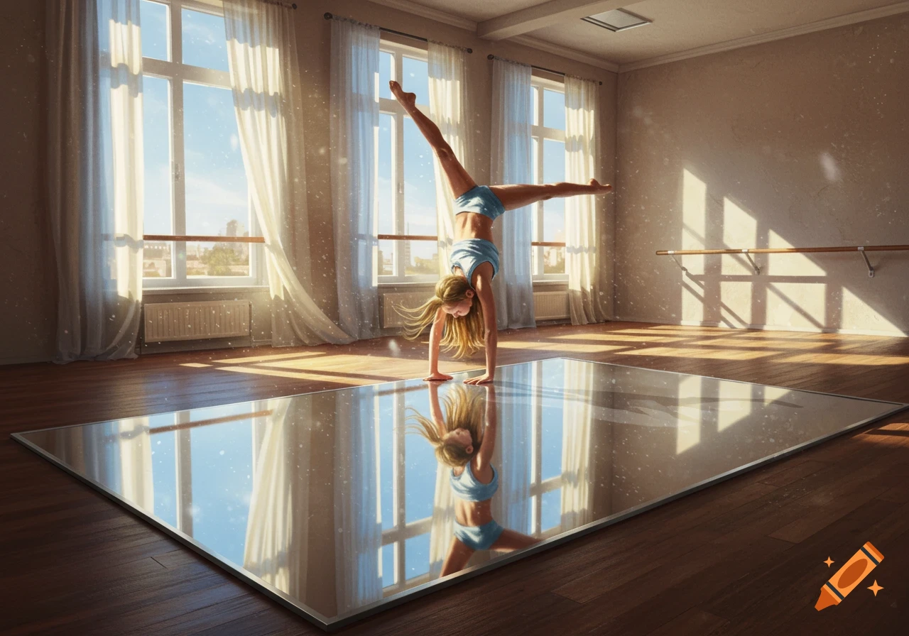 A young girl performs a handstand on a mirror in a sunlit studio, her reflection visible below.