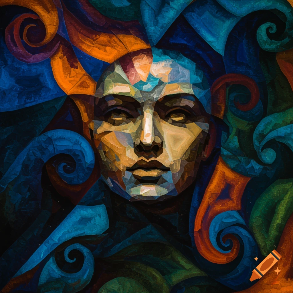 A stylized, mosaic-like abstract portrait of a human face, rendered in vibrant blues, oranges, and greens with swirling patterns.