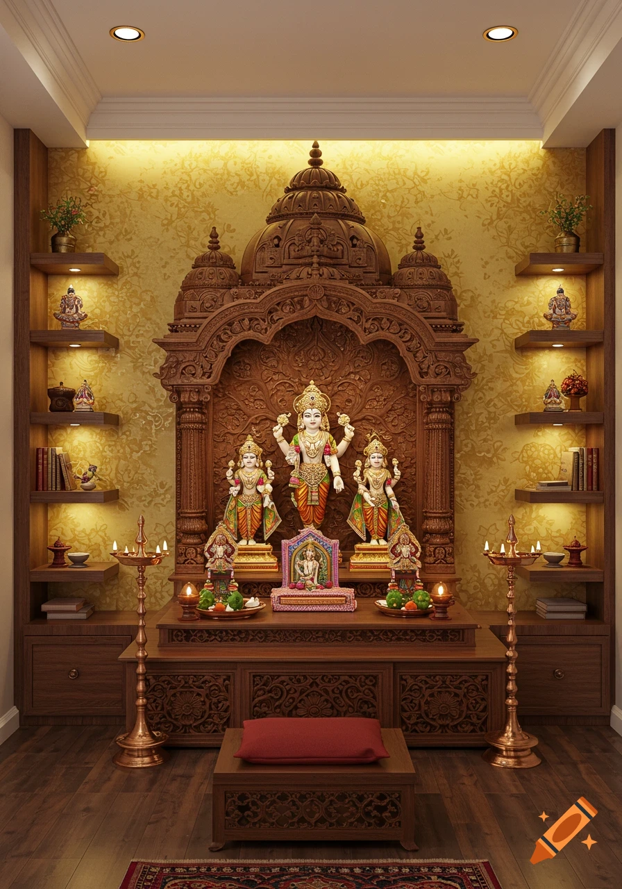A beautifully designed traditional Indian pooja room with a carved wooden altar, colorful deities, illuminated shelves, and a prayer cushion.