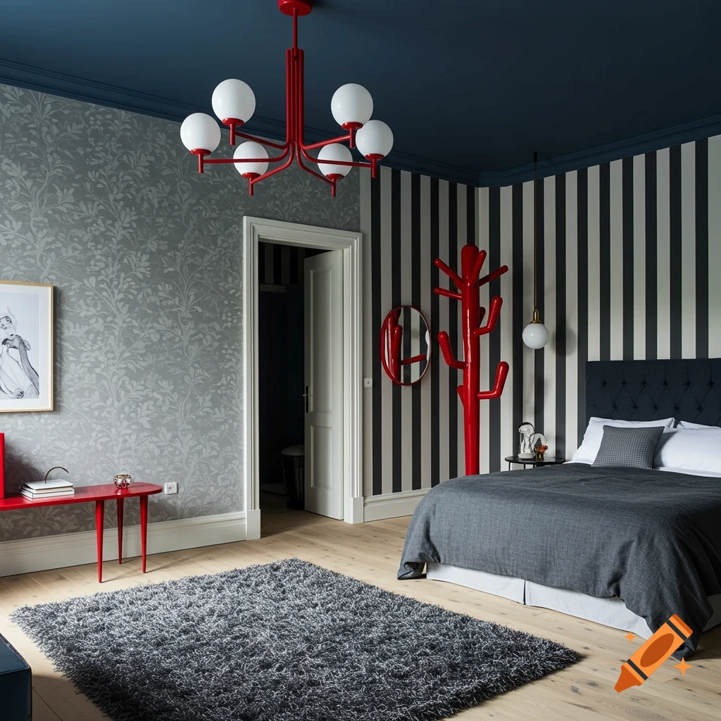 A modern, eclectic bedroom with a red chandelier, a dark grey bed and rug, and walls featuring floral and striped patterns.