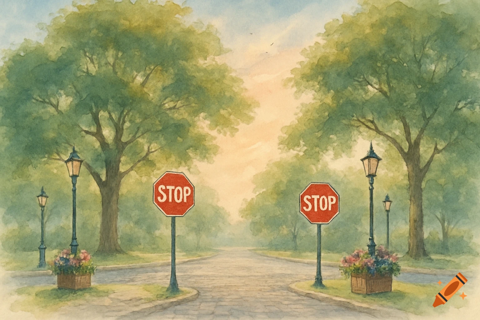 A peaceful watercolor painting depicts a paved road splitting into two paths, flanked by two red stop signs, lush green trees, streetlights, and flower planters under a soft sky.