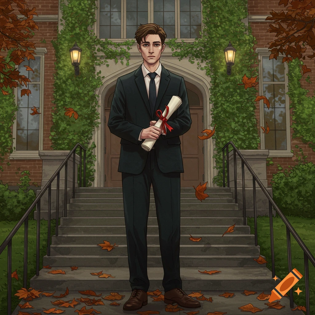 An illustrated young man in a dark suit holds a diploma on the steps of a brick building covered in ivy, with autumn leaves scattered around.