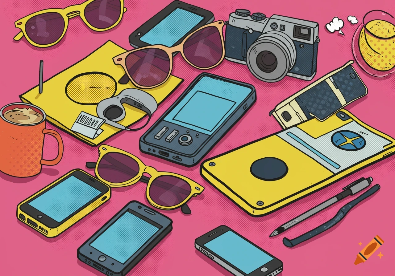 Pop art collage of everyday items like sunglasses, smartphones, a camera, and a coffee mug scattered on a pink background.