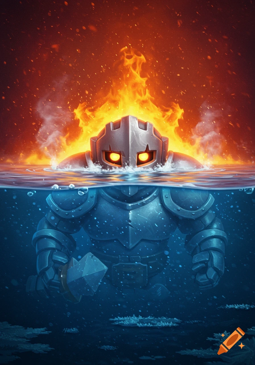 Cartoon armored knight-like figure half in water, flames above the surface, dark cold water below.