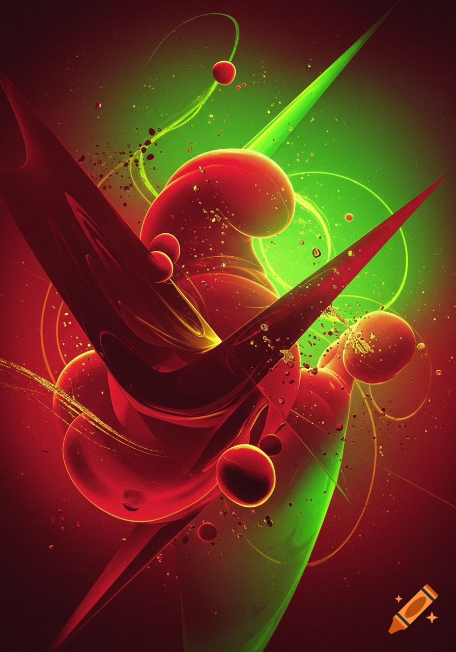 An abstract art piece with glowing red and green fluid shapes, spheres, and speckled particles, creating a dynamic, cosmic effect.