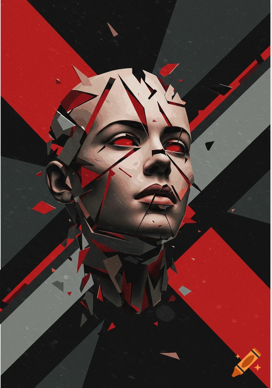Stylized fragmented human head in red, white, and black geometric art style against diagonal stripes.