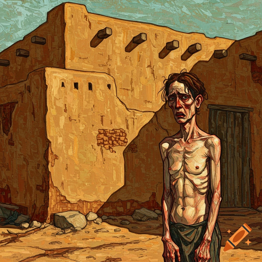 An expressive oil painting in Egon Schiele's style depicts an emaciated figure standing before a weathered mud building under a pale sky.