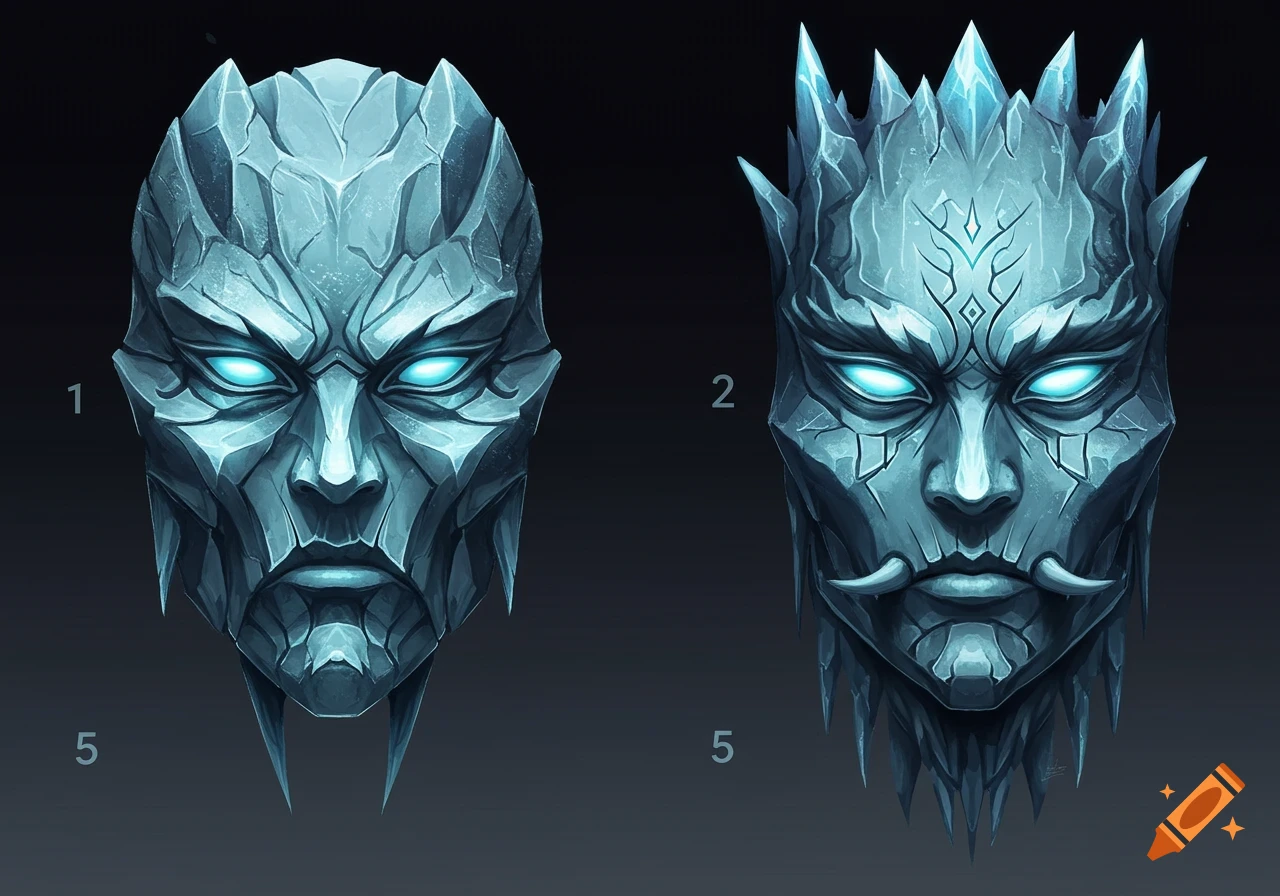 Two stylized, fierce ice masks with glowing blue eyes against a dark background.