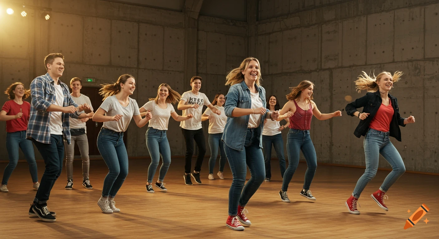 A diverse group of happy teenagers and young adults joyfully dancing in a spacious hall with concrete walls, photorealistic.