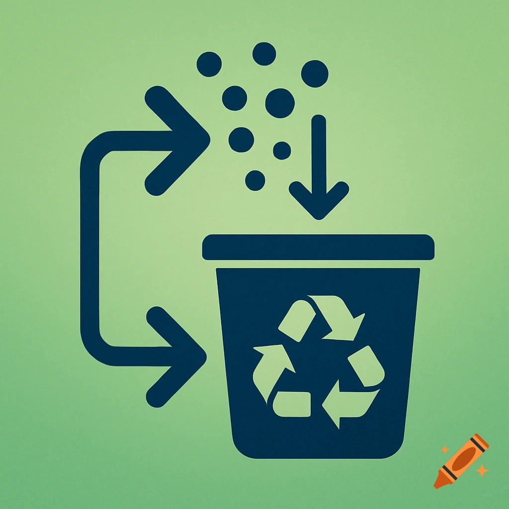 A dark blue pictogram of particles entering a recycling bin with a circular arrow, on a green background.