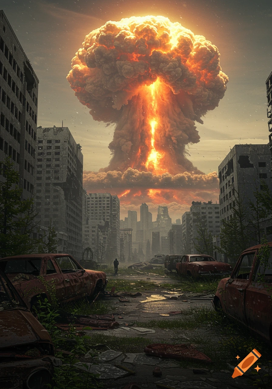 A towering nuclear mushroom cloud looms over a destroyed, abandoned city with rusty cars and a lone figure, photorealistic.
