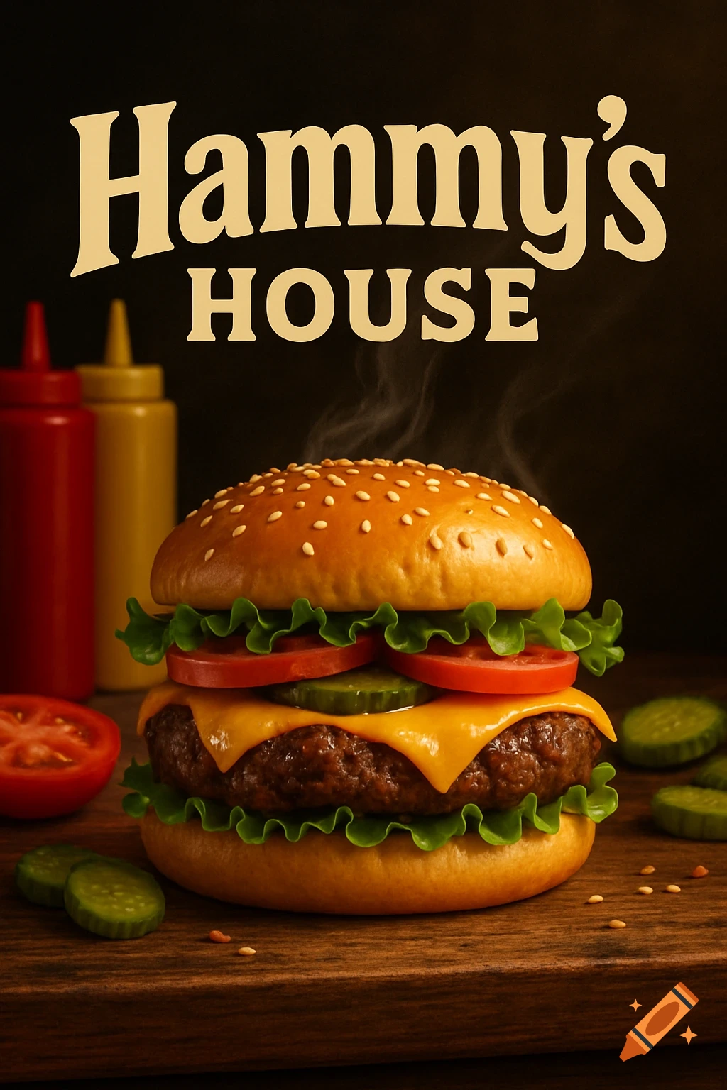 Photorealistic ad for 'Hammy's HOUSE' featuring a steamy burger with melted cheese, lettuce, tomato, and pickles on a wooden board with condiments.