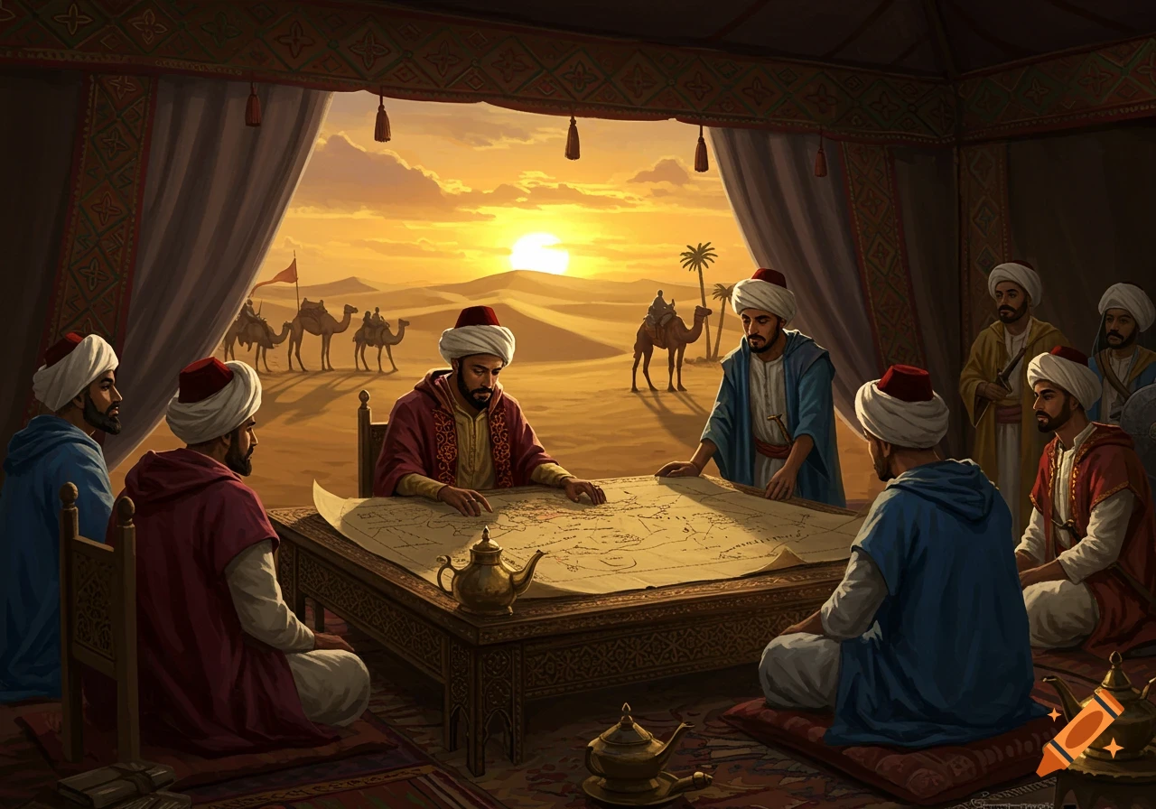 Men in traditional attire gathered inside a tent, studying a large map on a table, with a desert and camels visible outside at sunset.