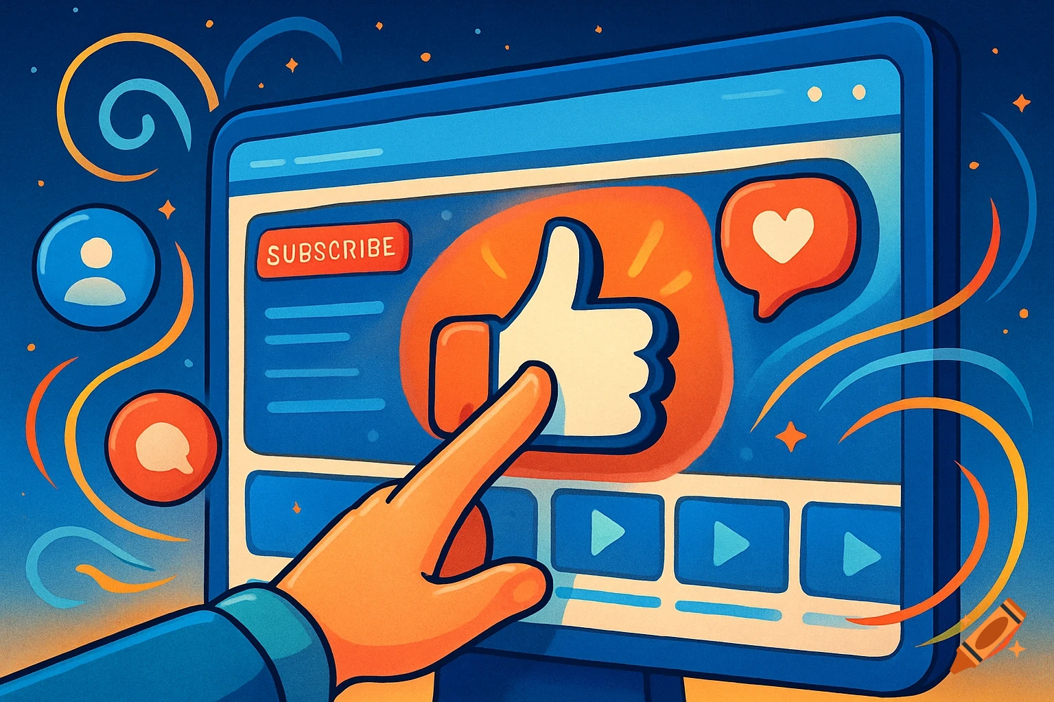 Stylized illustration of a hand clicking a like button on a computer screen with a subscribe button.