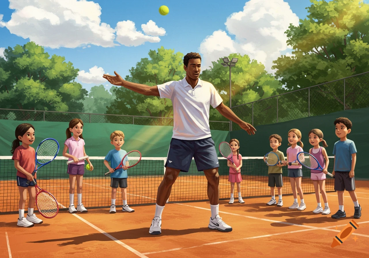 An animated style image of a male tennis coach instructing a group of diverse children on a clay tennis court under a sunny sky.