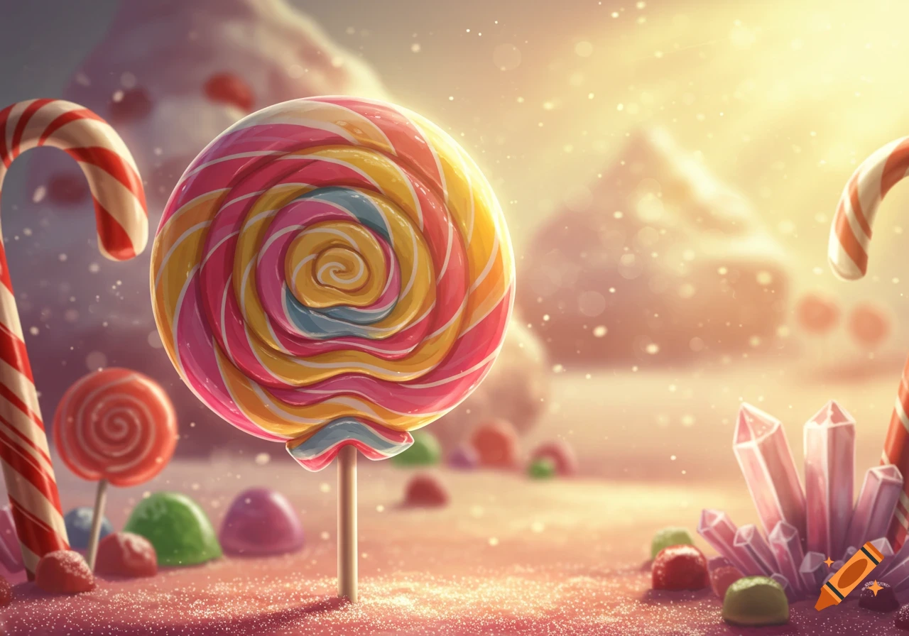 A vibrant, illustrated candy land scene featuring a large colorful swirl lollipop, candy canes, and sparkling sweets under a golden glow.