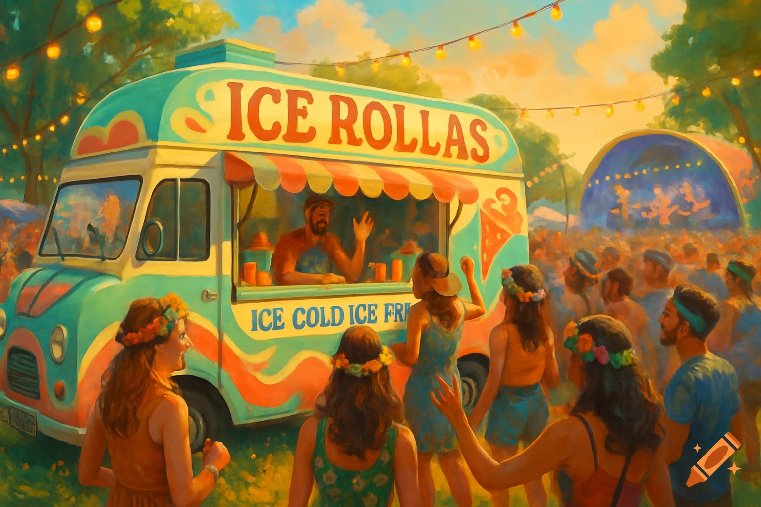 Vibrant painterly scene of an ice cream truck called 'Ice Rollas' serving people at a sunny outdoor music festival.