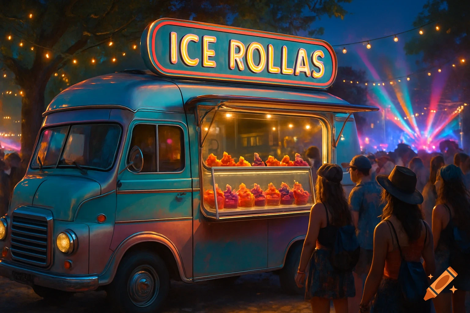 Retro 'Ice Rollas' food truck at a vibrant night festival, illuminated by string lights and colorful stage lights as people gather.