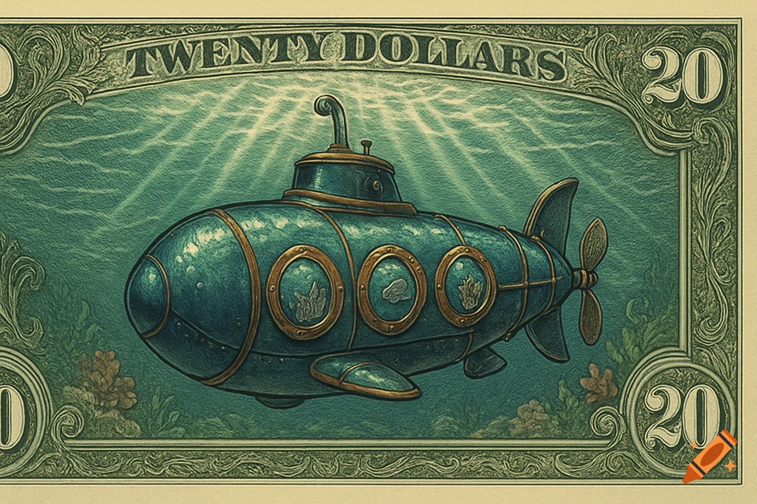 A stylized twenty-dollar bill with an ornate blue submarine in an underwater scene, featuring 'TWENTY DOLLARS' text and '20's.