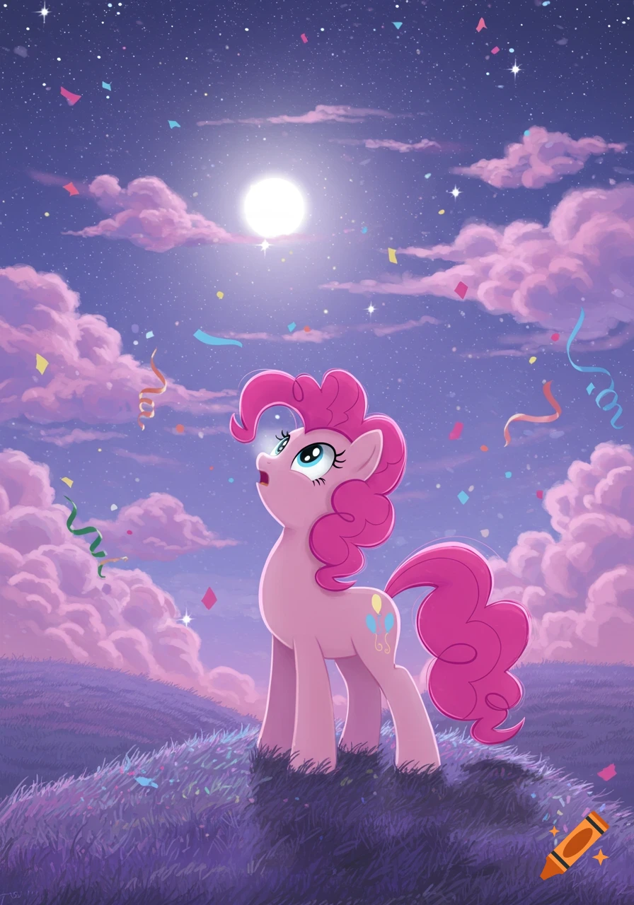 Pinkie Pie from My Little Pony stands on a grassy hill, looking up at a bright full moon in a starry purple sky with pink clouds and falling confetti.