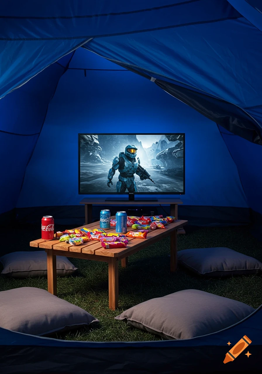 A blue tent set up with a flatscreen TV playing the video game Halo Reach. A wooden table holds cans of soda and colorful candy packets, surrounded by grey cushions on green grass.
