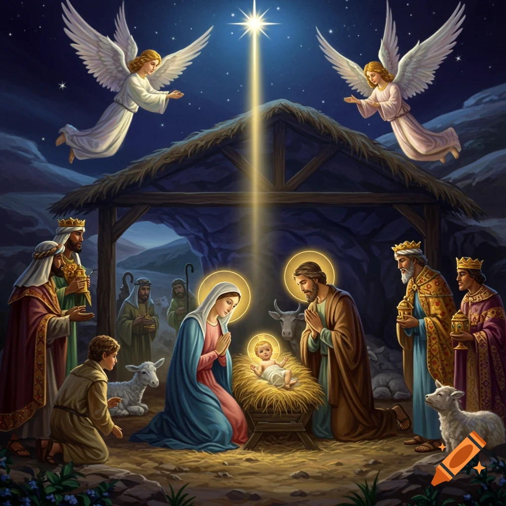 A detailed Nativity scene: Mary, Joseph, and baby Jesus in a manger, with shepherds, wise men, and angels under a bright star.