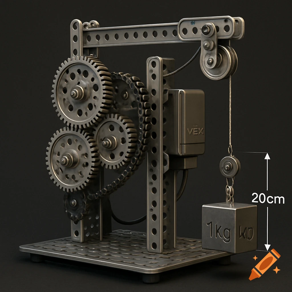 A detailed render of a mechanical advantage machine with gears, a chain, pulleys, and a 1kg weight being lifted 20cm.