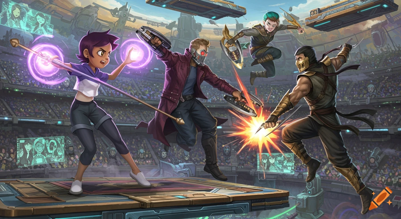 Luz Noceda, Star Lord, and Scorpion fight in a futuristic arena, depicted in a vibrant animated crossover style.