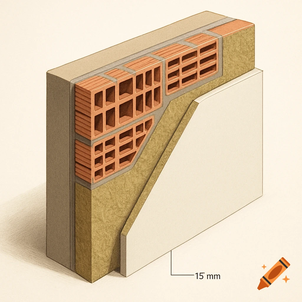 Isometric technical drawing of a wall section with hollow bricks, insulation, plasterboard, and 15 mm measurement.