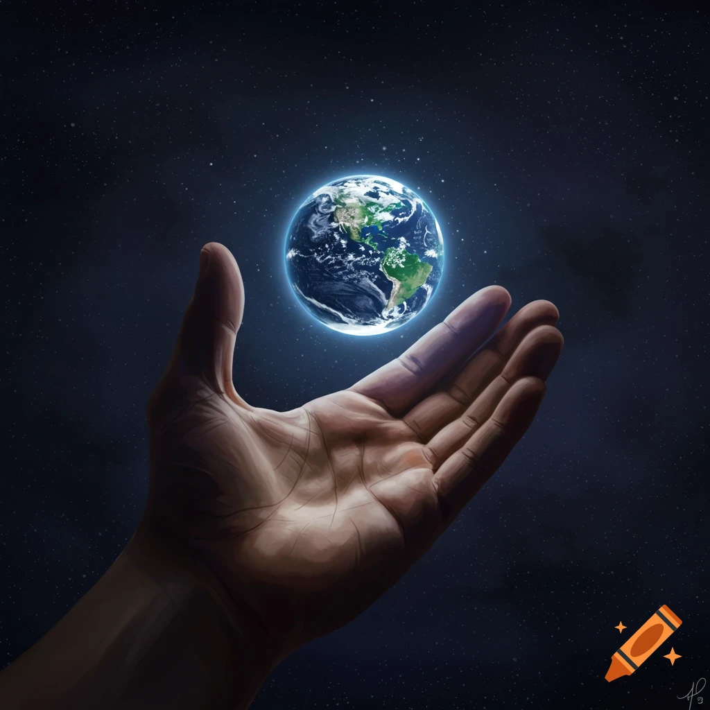 A hand holds a tiny glowing Earth against a starry space background with dramatic shadows.