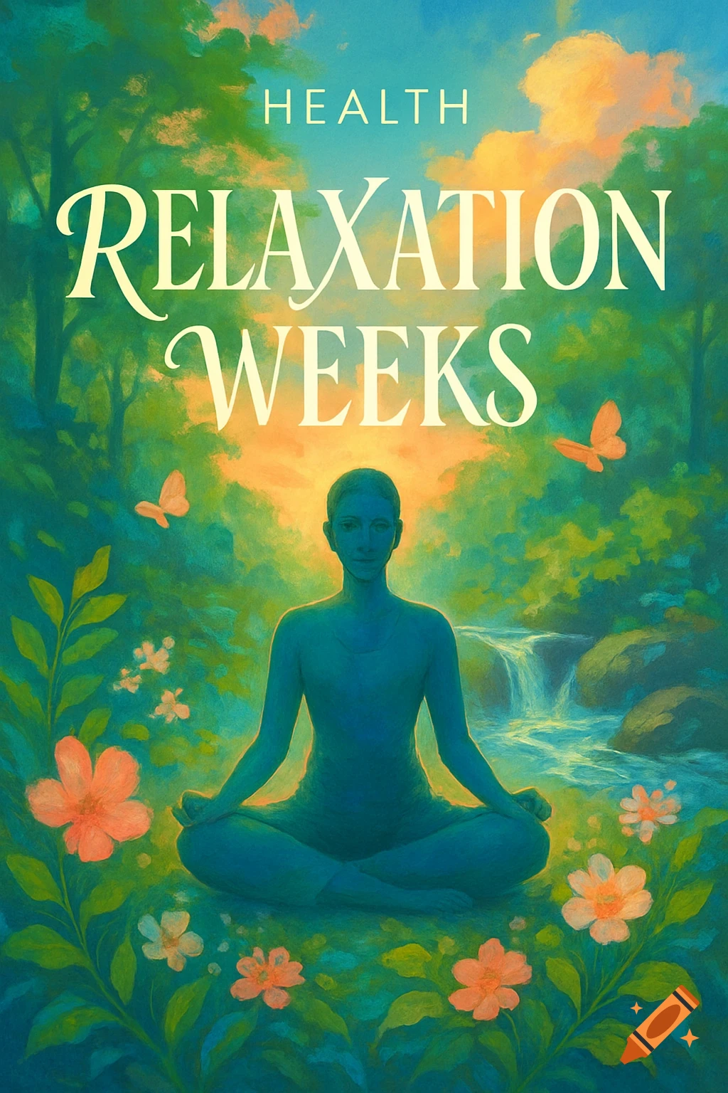 Painting of a blue figure meditating in a green forest with a waterfall, flowers, butterflies, and text 'HEALTH RELAXATION WEEKS'.