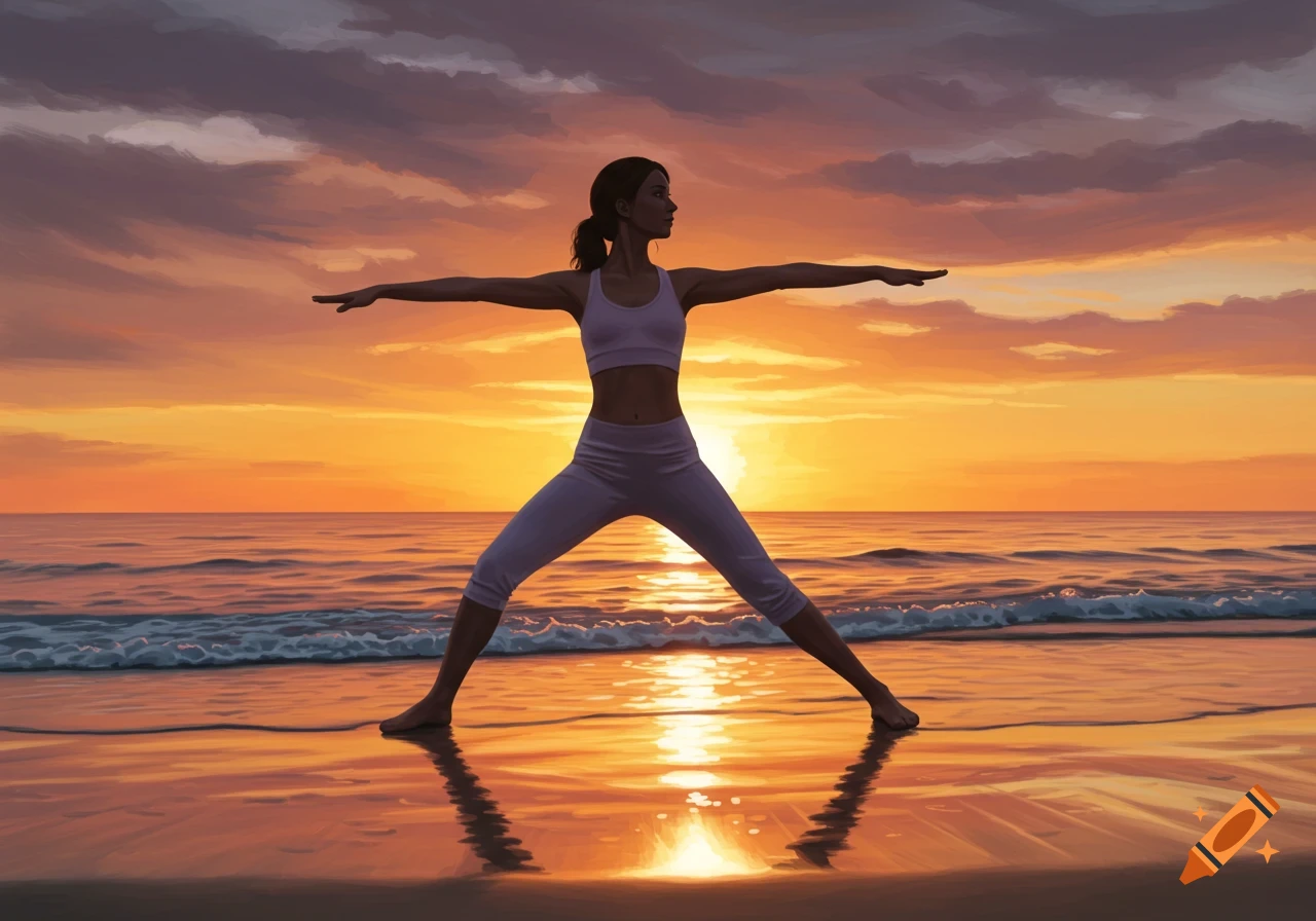 Woman in warrior II yoga pose on a wet beach at sunset, with ocean waves in a stylized painterly style.