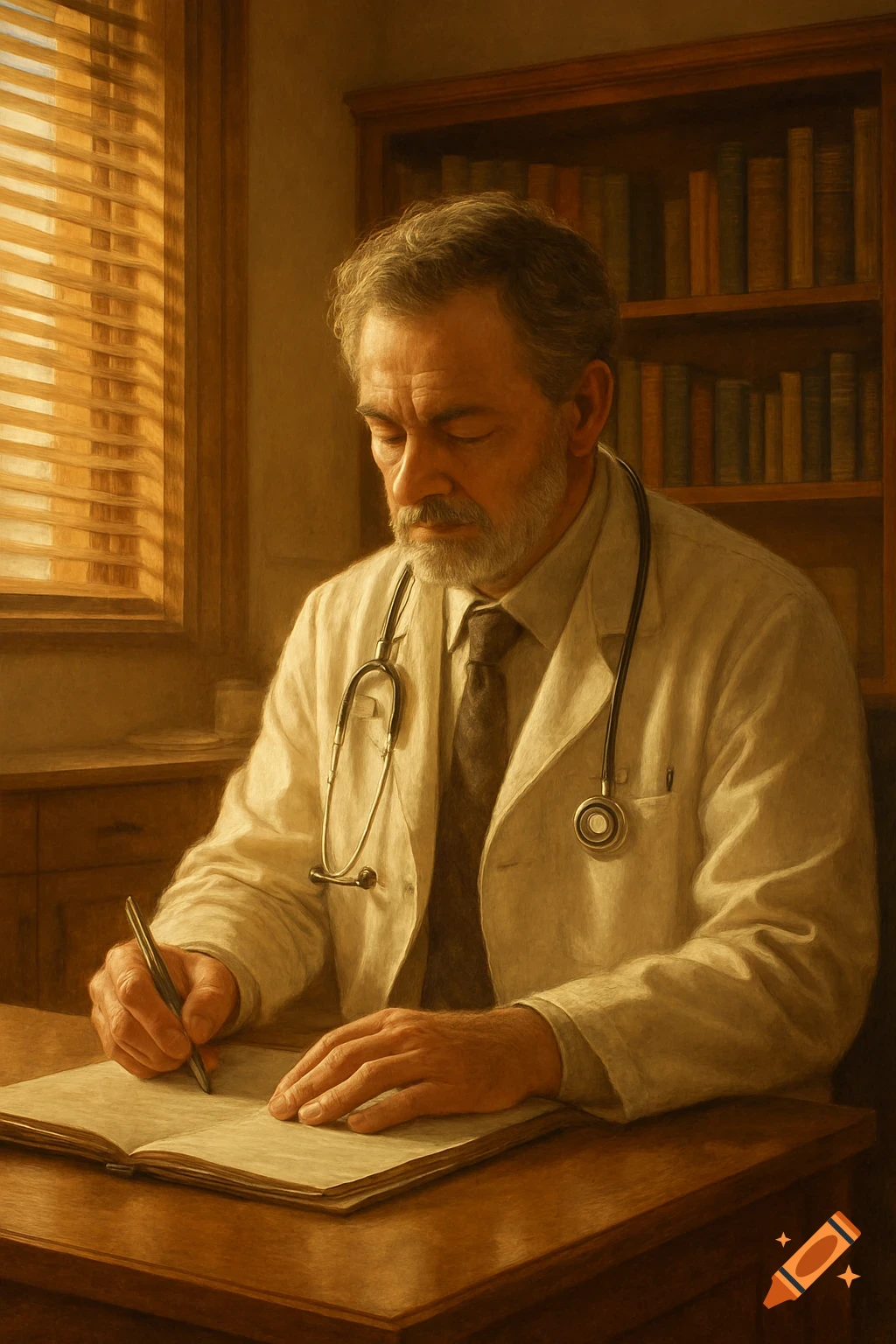 A doctor with a stethoscope around his neck, wearing a white coat, writes in a book at a wooden desk in a warm, sepia-toned room.