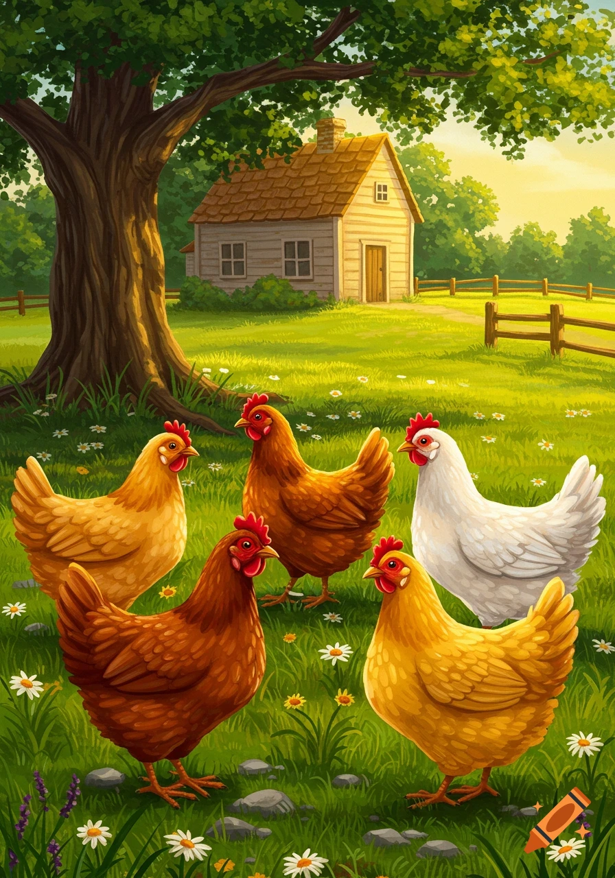 A colorful illustration depicts five chickens in a sunny, grassy field with a small house and a large tree in the background.
