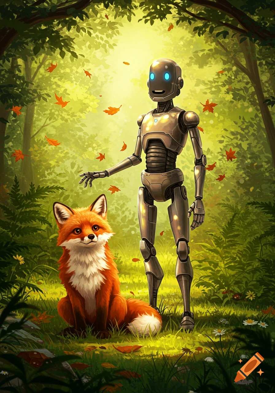 A metallic robot with glowing blue eyes stands near a fluffy red fox in a sunlit forest with autumn leaves, digital art.