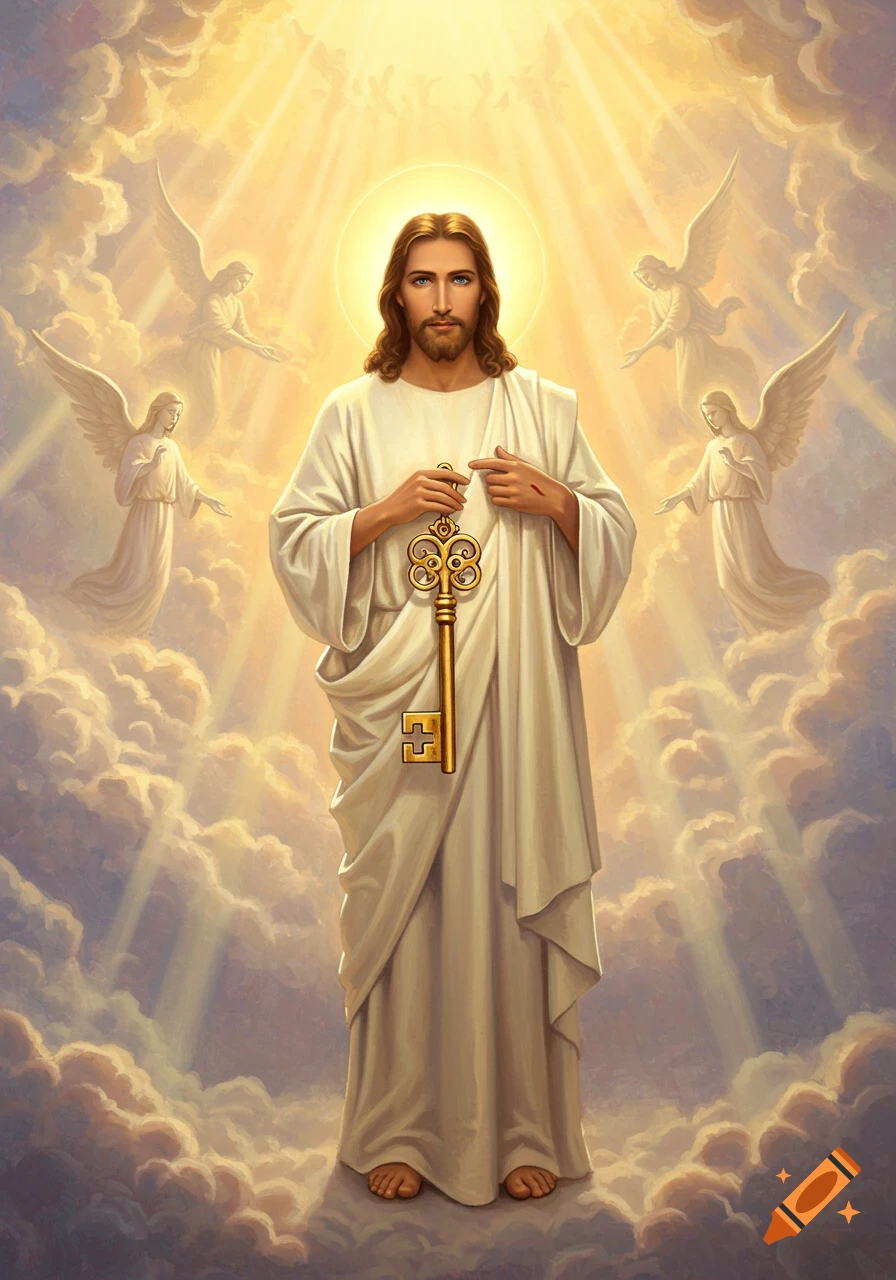 Realistic painting of Jesus holding a golden key, standing in heavenly clouds with angels and radiant light.
