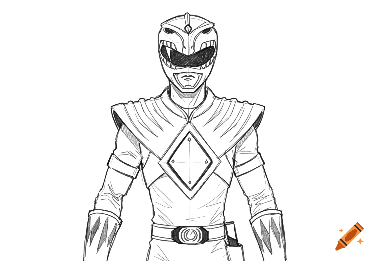 A black and white pencil sketch of the Green Power Ranger's torso and head, facing forward, on a white background.