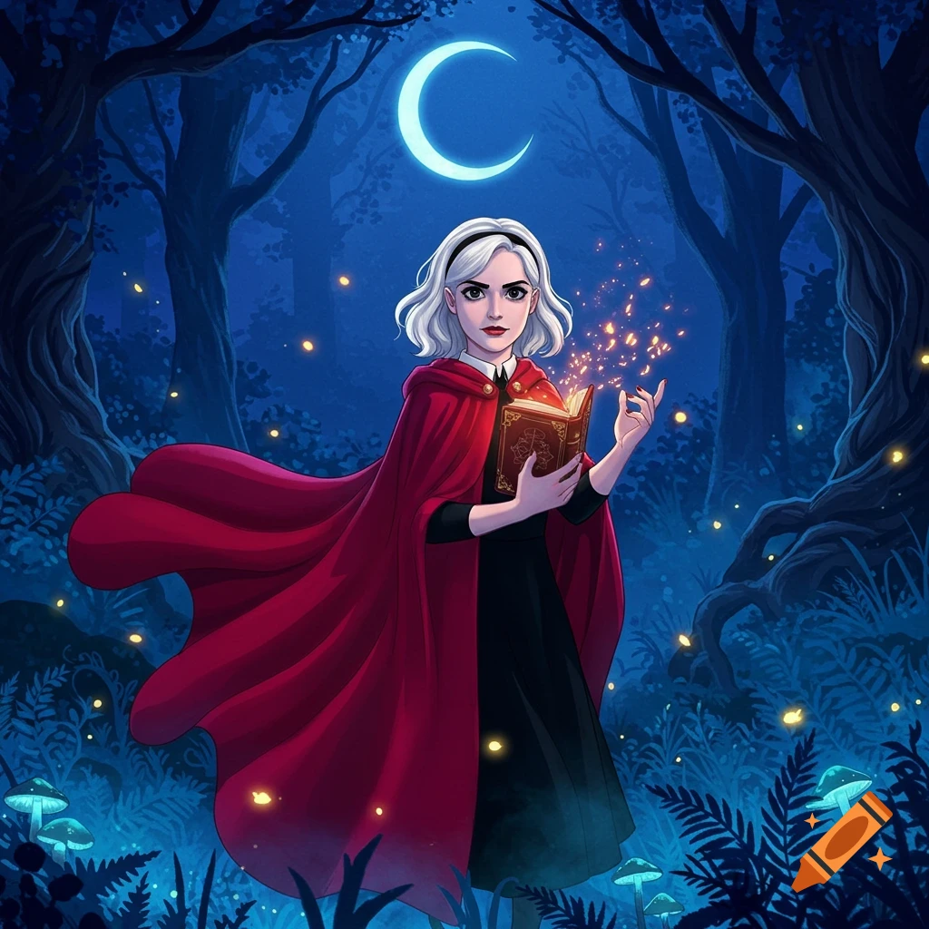 A white-haired witch in a red cape reads a glowing spell book in a dark, magical forest under a crescent moon.