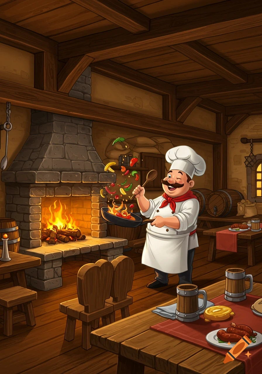 A cartoon chef with a red bandana and hat, winks while flipping vegetables in a pan over a roaring fireplace in a cozy wooden tavern.