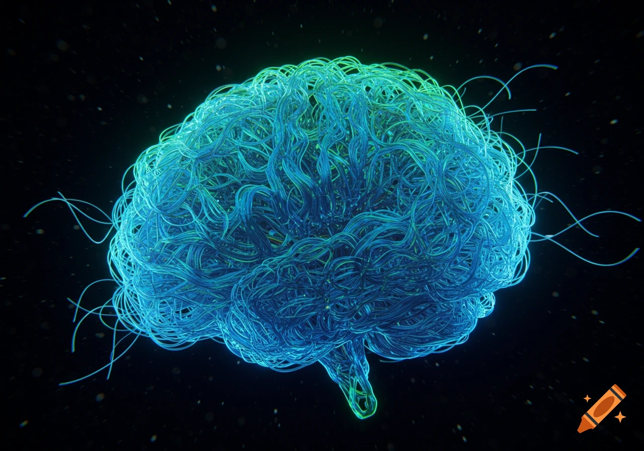 Abstract glowing brain made of intricate blue and green intertwining wires against a dark background.