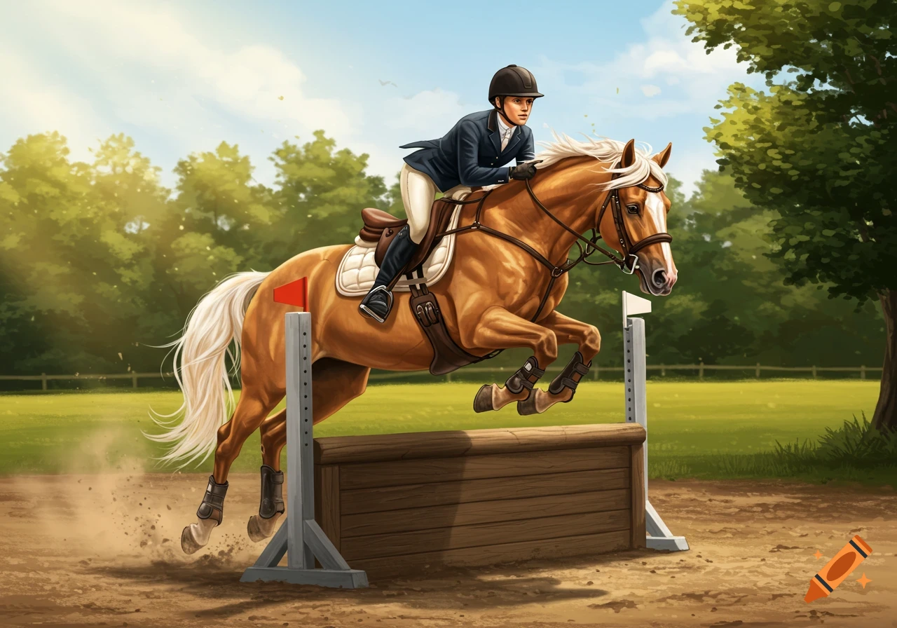 An illustration of a palomino horse with a rider jumping over a wooden fence in a sunny outdoor arena.