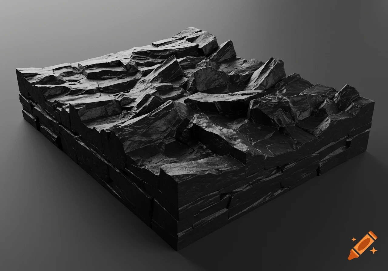 A dark, abstract sculptural surface made of sharp-edged, high and low objects resembling black rock formations on a gray background.